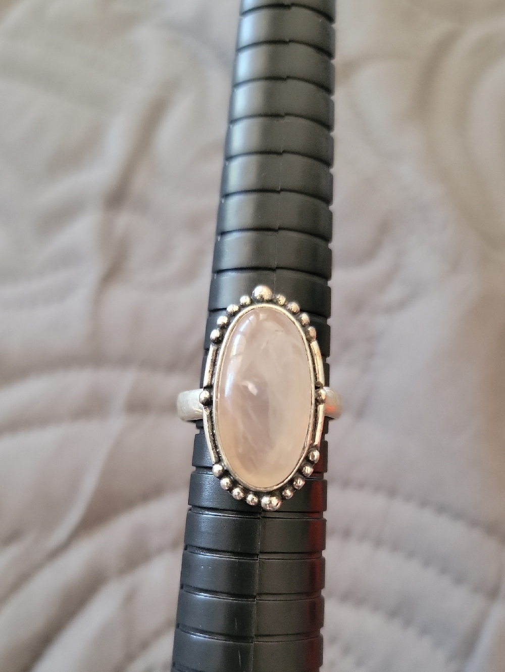 Sterling Silver Plated Oval Rose Quartz Ring in Pale Pink